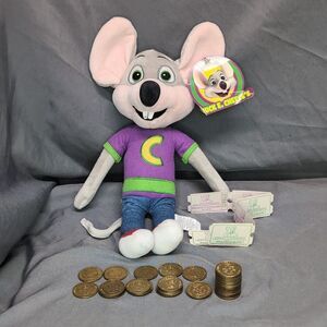 Chuck E. Cheese Mouse Plush 6 Paper Tickets 35 Tokens 1999-2010 Y2K Tag